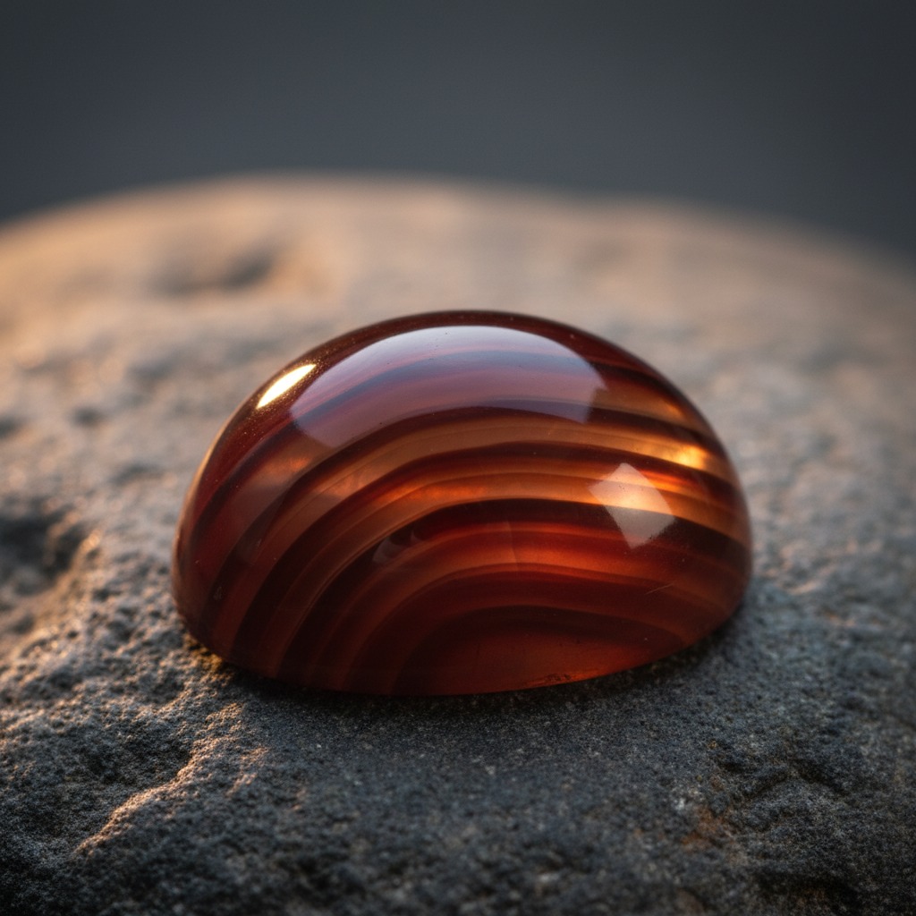 A polished, dome-shaped piece of banded reddish-brown agate rests on a rough, dark stone surface.